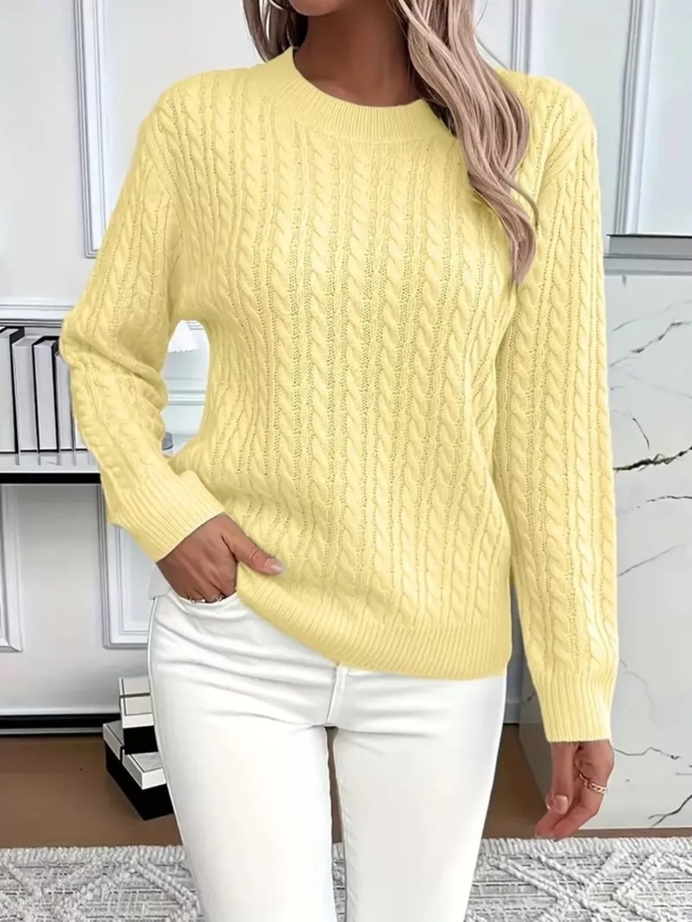 Source Unknown Yellow Cable Knit Crewneck Sweater